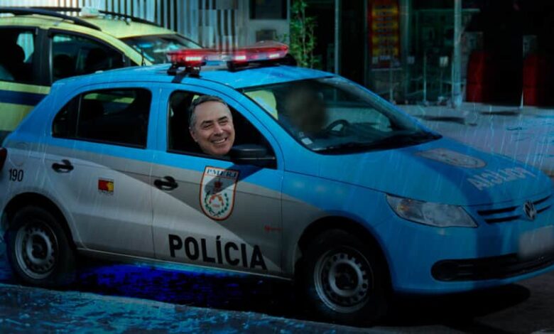 Ministro Barroso andou no camburão da PM para fugir de alagamento no RJ.(Imagem: Arte Migalhas)
