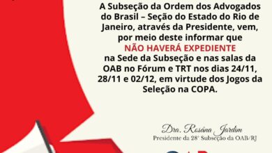 NÃO HAVERÁ EXPEDIENTE na Sede da Subseção e nas salas da OAB no Fórum e TRT nos dias 24/11, 28/11 e 02/12